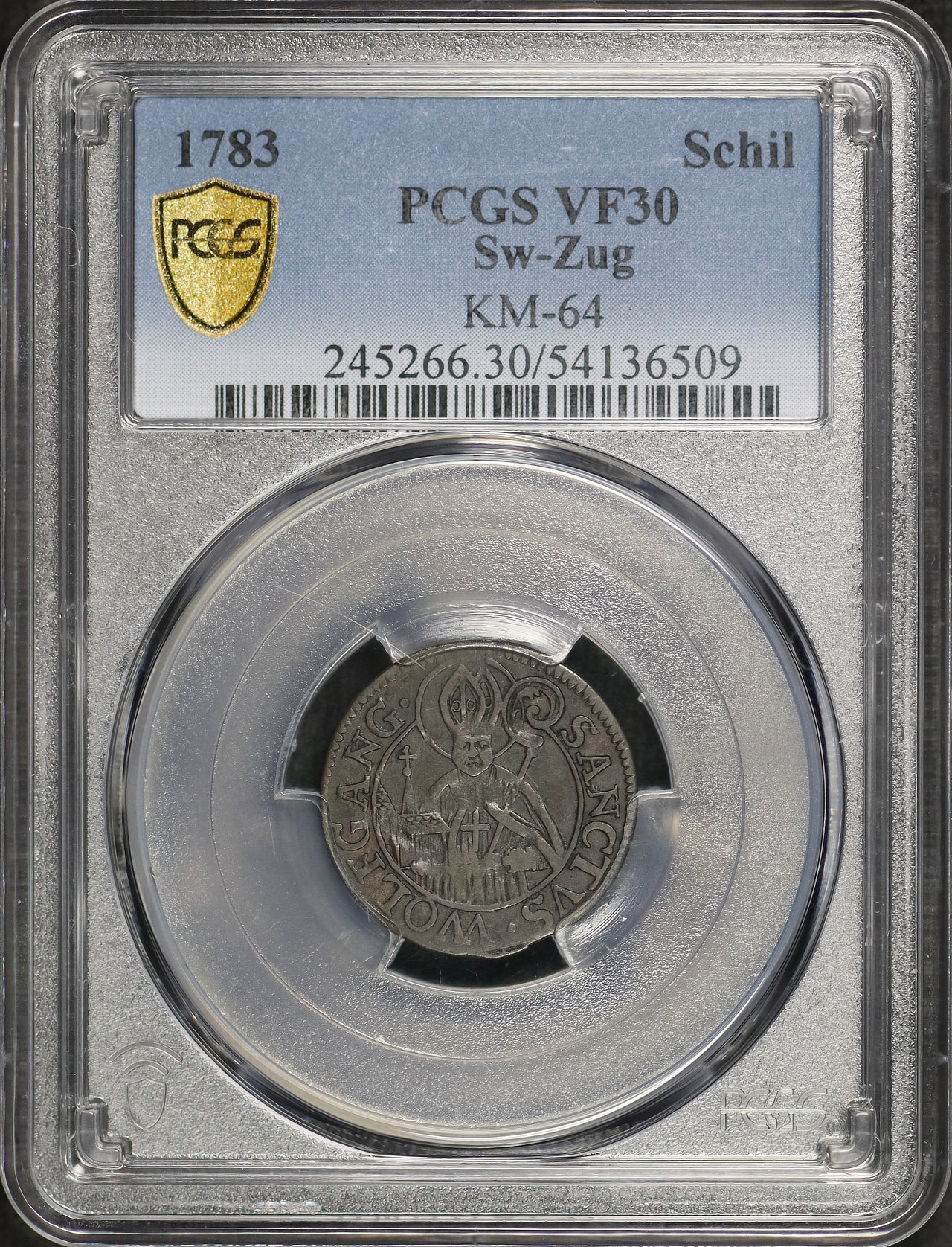 Obverse of this 1783 Sw-Zug KM-64 Schilling PCGS VF-30