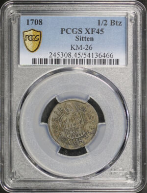 Obverse of this 1708 Sitten KM-26 1/2Btz PCGS XF-45