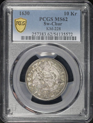 Obverse of this 1630 Switzerland Chur Silver 10 Kreuzer KM-228 PCGS MS-62