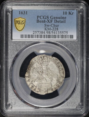 Obverse of this 1631 Switzerland Chur Silver 10 Kreuzer KM-228 PCGS XF Details Bent