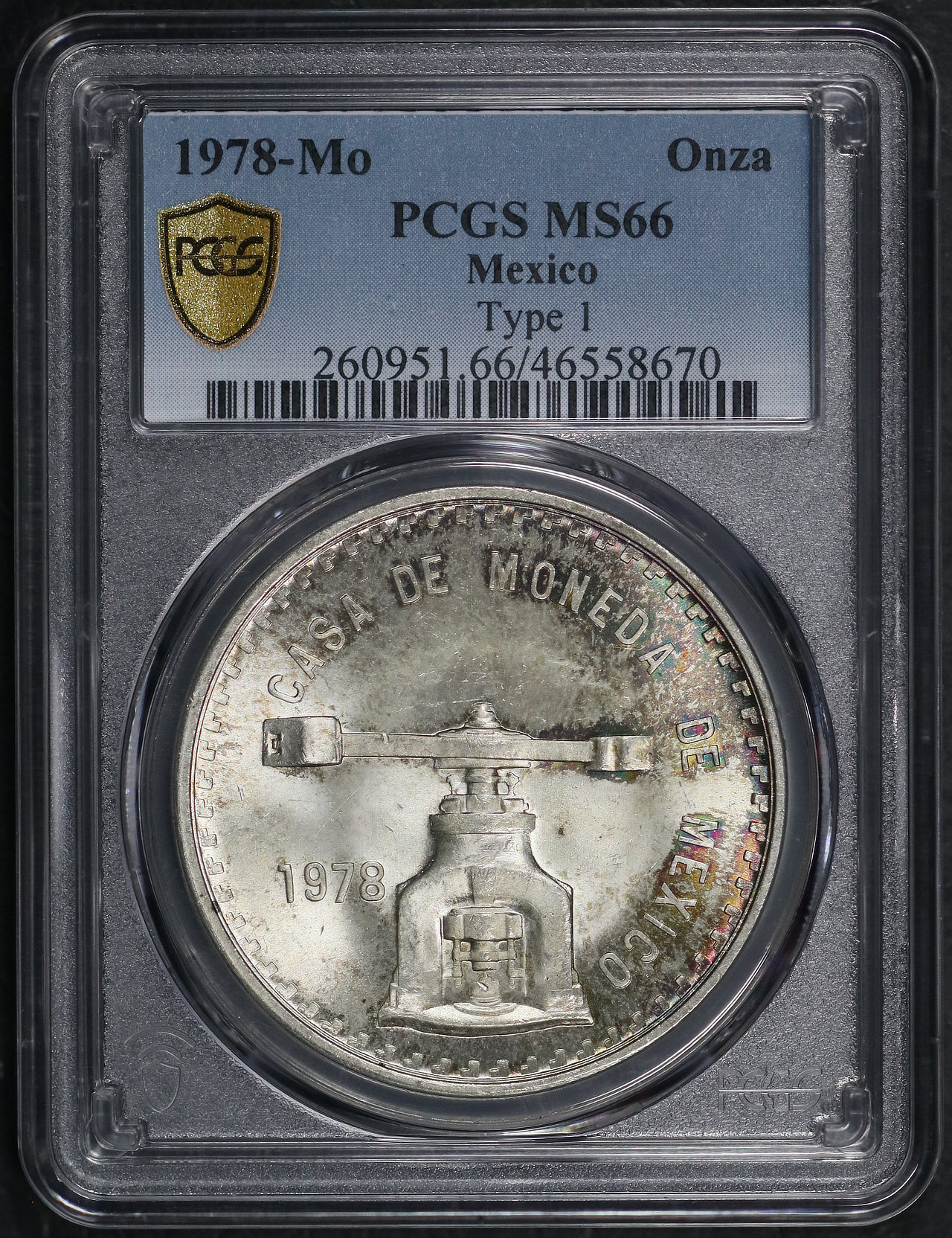 Obverse of this 1978-Mo Mexico Silver Type 1 Libertad Onza PCGS MS-66