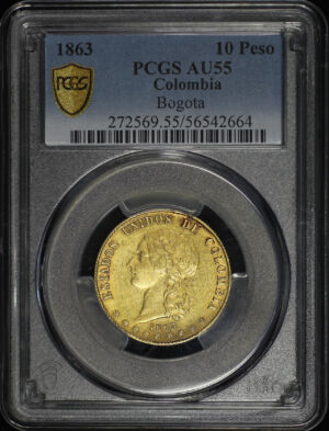 Obverse of this 1863 Colombia Bogota 10 Peso PCGS AU-55