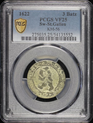 Obverse of this 1622 Switzerland St. Gallen Silver 3 Batzen KM-56 PCGS VF-25