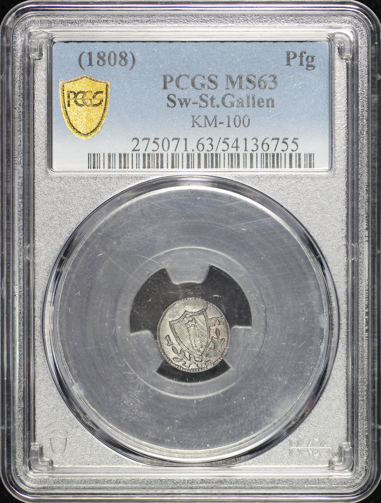 Obverse of this (1808) Switzerland St. Gallen Billon 1 Pfennig KM-100 PCGS MS-63