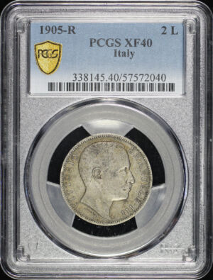 Obverse of this 1905-R Italy 2L PCGS XF-40