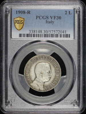Obverse of this 1908-R Italy 2L PCGS VF-30