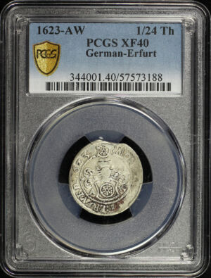 Obverse of this 1623-AW German States City of Erfurt Silver 1/24 Thaler KM-40 PCGS XF-40