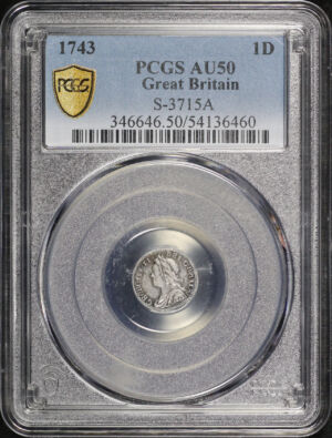 Obverse of this 1743 Great Britain Silver Penny S-3715A KM#567 PCGS AU-50