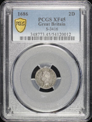 Obverse of this 1686 Great Britain King James II Silver 2 Pence S-3416 KM-454 PCGS XF-45
