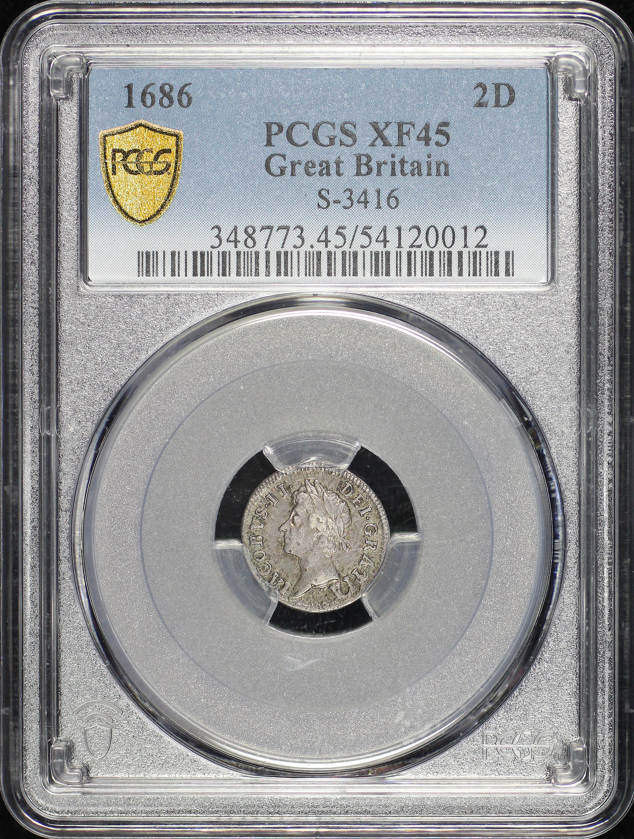 Obverse of this 1686 Great Britain King James II Silver 2 Pence S-3416 KM-454 PCGS XF-45