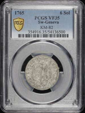Obverse of this 1765 Geneva, Switzerland KM-82 6 Sol PCGS VF-35