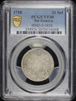 Obverse of this 1710 Geneva, Switzerland HMZ-2-341b 21Sol PCGS VF-30