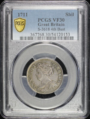 Obverse of this 1711 Great Britain Queen Anne Silver Shilling S-3618 4th Bust KM-533 PCGS VF-30