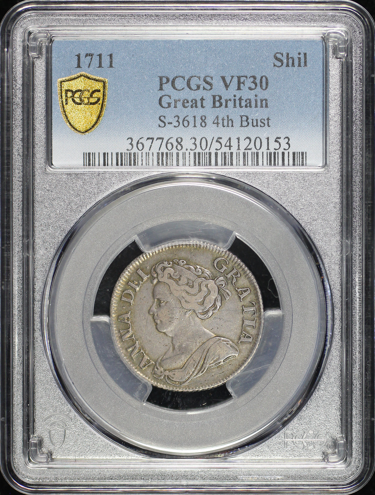 Obverse of this 1711 Great Britain Queen Anne Silver Shilling S-3618 4th Bust KM-533 PCGS VF-30