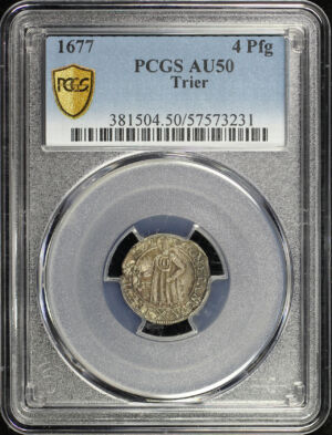 Obverse of this 1677 German States Trier Silver 4 Pfennigs KM-138 PCGS AU-50