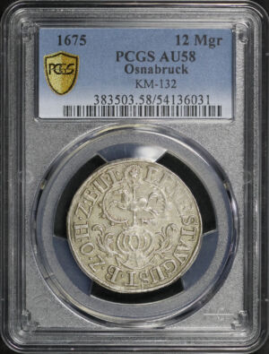 Obverse of this 1675 German States Osnabrück Silver 12 Mariengroschen KM-132 PCGS AU-58