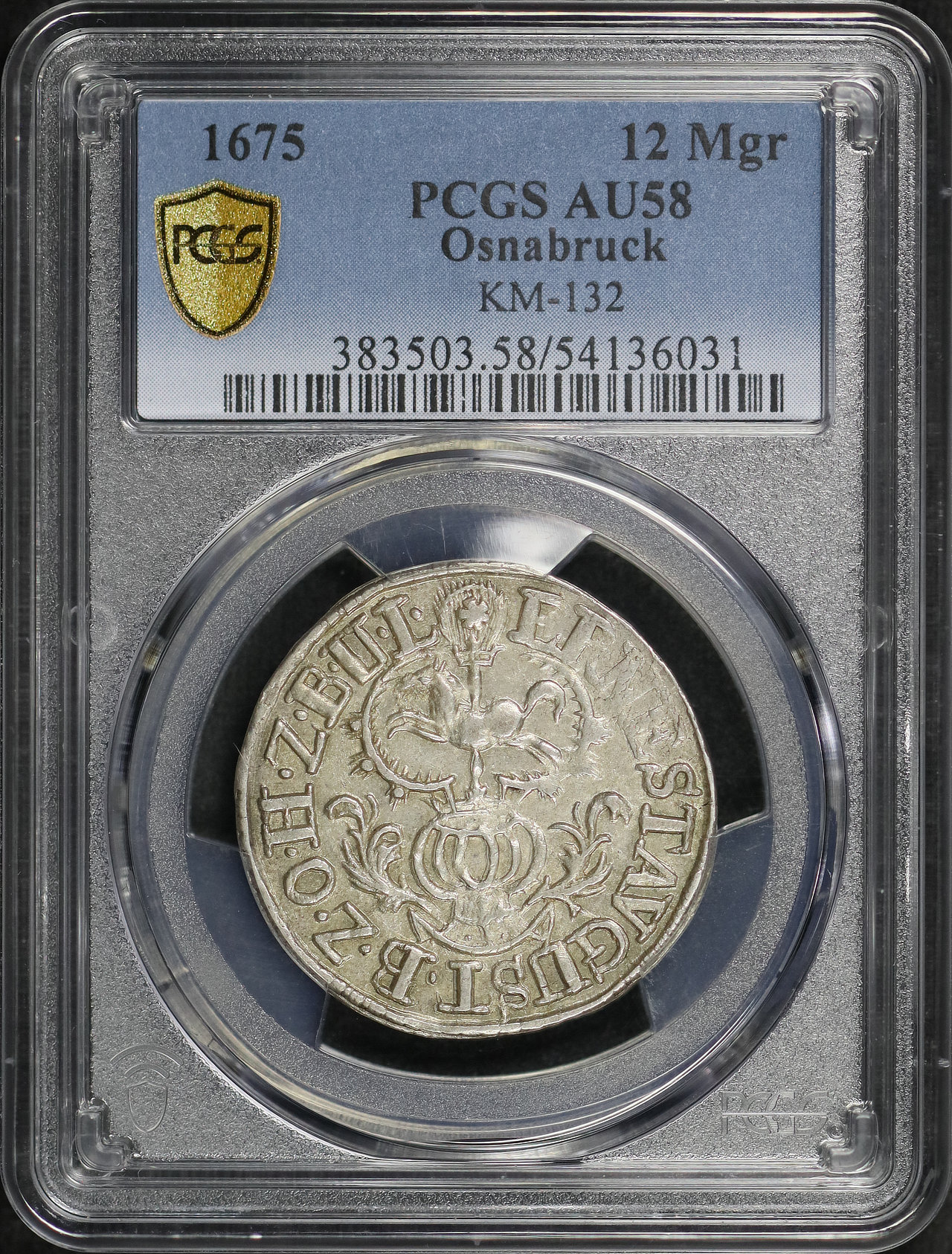 Obverse of this 1675 German States Osnabrück Silver 12 Mariengroschen KM-132 PCGS AU-58