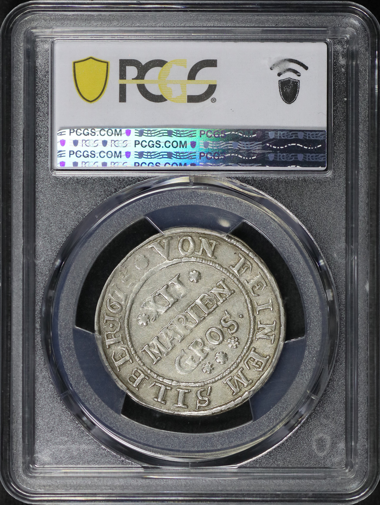 Reverse of this 1675 German States Osnabrück Silver 12 Mariengroschen KM-132 PCGS AU-58