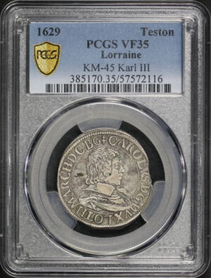 Obverse of this 1629 Lorraine Karl III KM-45 Teston PCGS VF-35