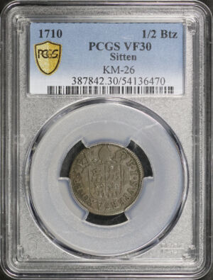 Obverse of this 1710 Sitten KM-26 1/2Btz PCGS VF-30