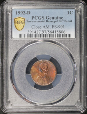 Obverse of this 1992-D Close AM Lincoln Memorial Cent FS-901 PCGS UNC Details Environmental Damage