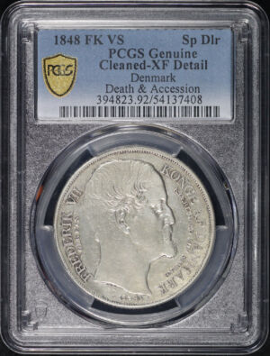 Obverse of this 1848 FK VS Denmark Silver Death & Accession Speciedaler KM#742 PCGS XF Details Cleaned 