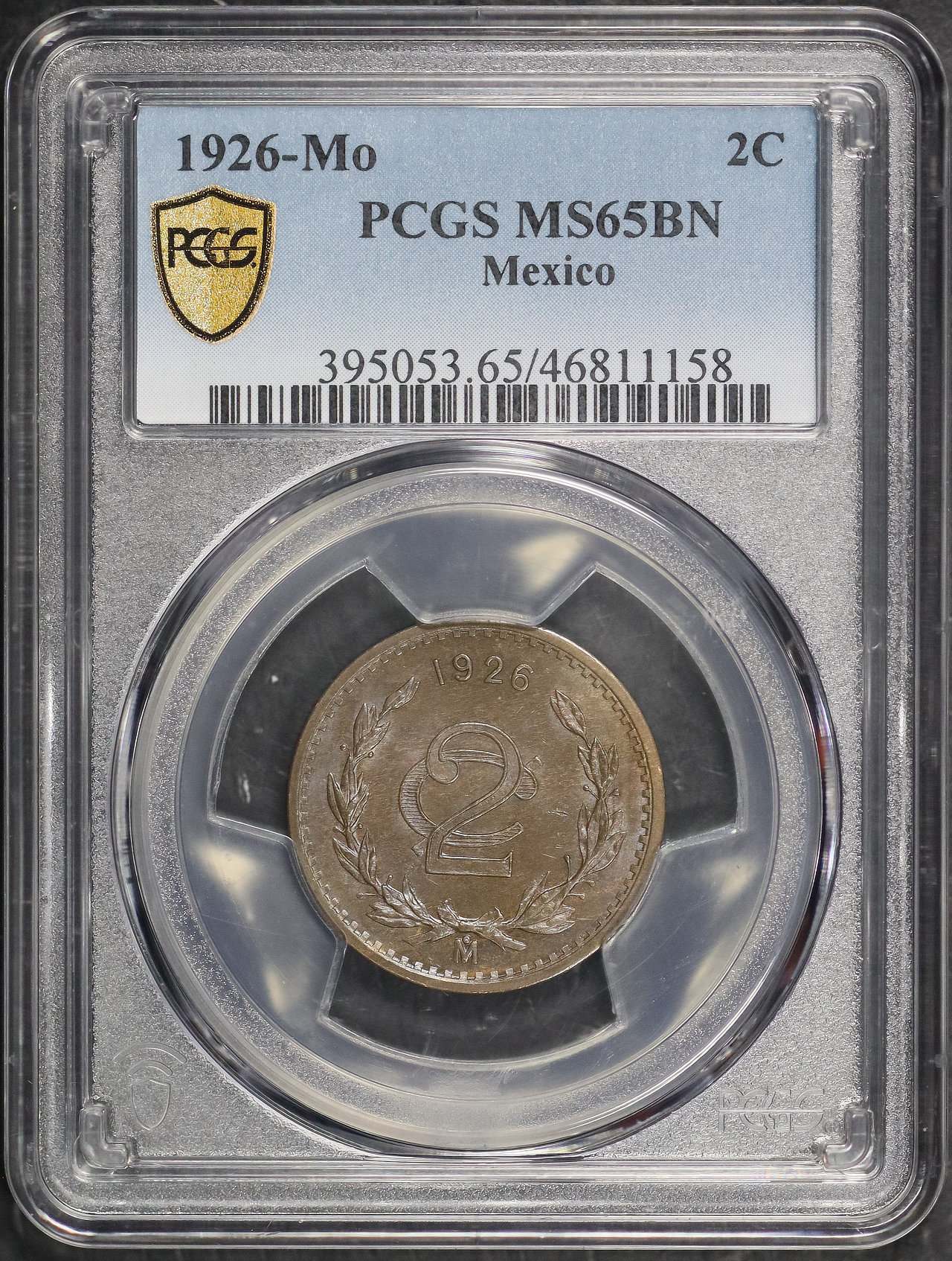 Obverse of this 1926-Mo Mexico 2 Centavos PCGS MS-65 BN