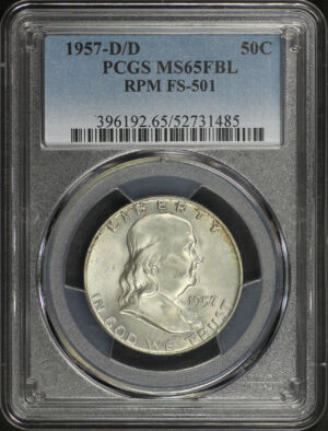 Obverse of this 1957-D/D Franklin Half Dollar RPM FS-501 PCGS MS-65