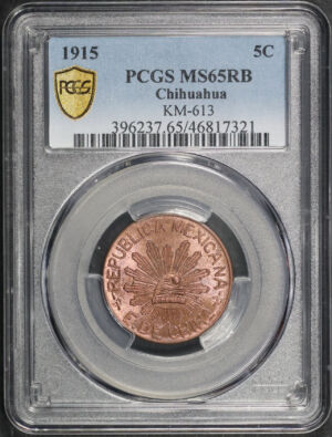 Obverse of this 1915 Mexican 5 Centavos KM-613 PCGS MS-65 RB