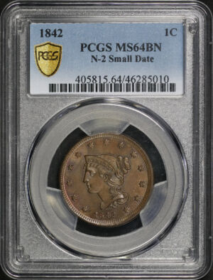 Obverse of this 1842 Braided Hair Cent N-2 Small Date PCGS MS-64 BN 