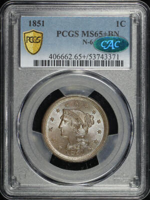 Obverse of this 1851 Braided Hair Cent PCGS MS-65+ BN CAC N-6