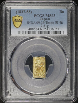 Obverse of this (1837-58) Japan Gold Bu JNDA 09-39 Tenpo 天 保 2.81g PCGS MS-63