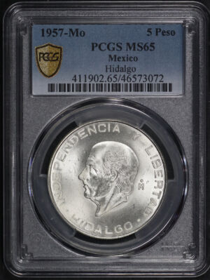 Obverse of this 1957-Mo Mexico Silver 5 Peso PCGS MS-65