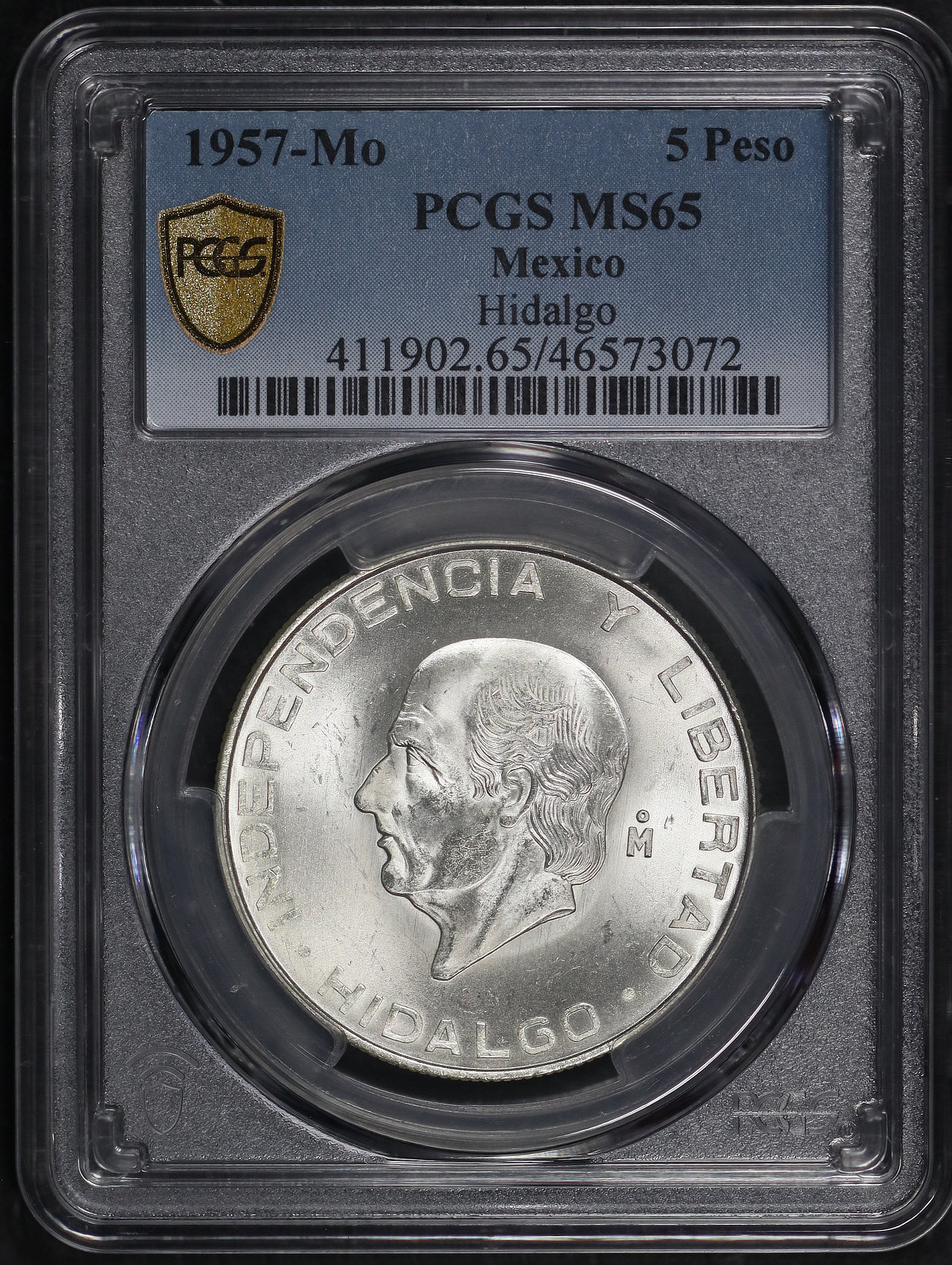 Obverse of this 1957-Mo Mexico Silver 5 Peso PCGS MS-65