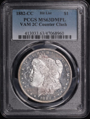 Obverse of this 1882-CC Hit List VAM-2C Counter Clash Morgan Dollar PCGS MS-63 DMPL