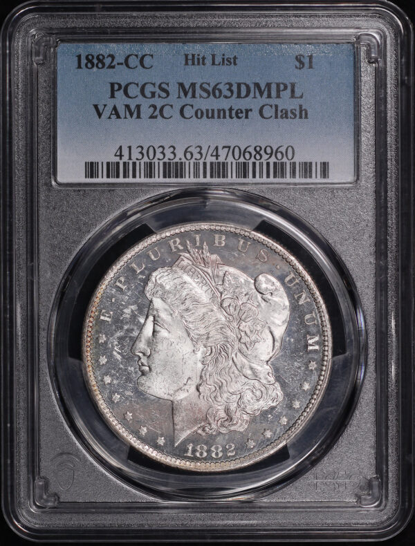 Obverse of this 1882-CC Hit List VAM-2C Counter Clash Morgan Dollar PCGS MS-63 DMPL