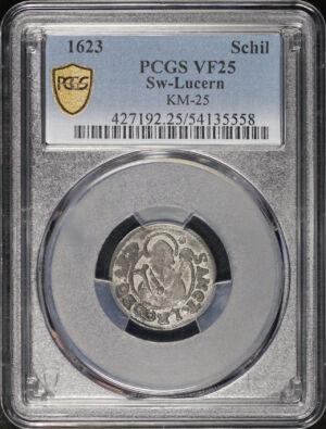 Obverse of this 1623 Switzerland Lucern Silver Schilling KM-25 PCGS VF-25