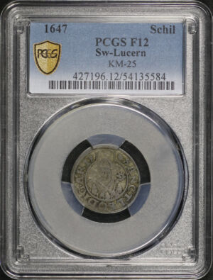 Obverse of this 1647 Sw-Lucern Schilling KM-25 PCGS F-12