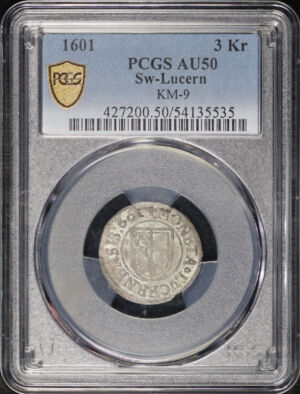 Obverse of this 1601 Switzerland Lucern Silver 3 Kreuzer KM-9 PCGS AU-50
