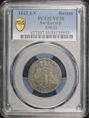Obverse of this 1622 LV Switzerland Lucern Silver Batzen KM-22 PCGS VF-30
