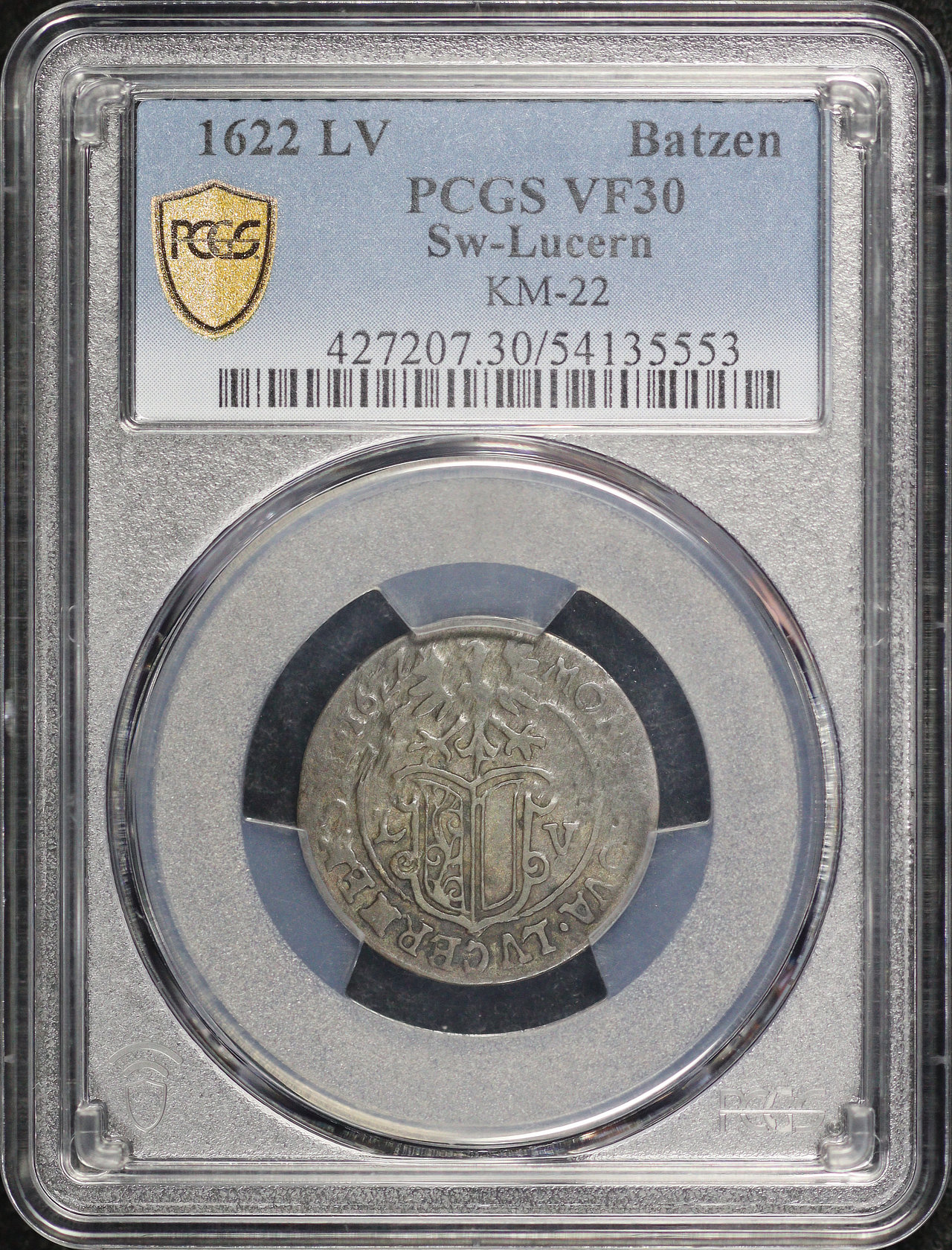 Obverse of this 1622 LV Switzerland Lucern Silver Batzen KM-22 PCGS VF-30