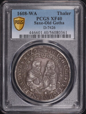 Obverse of this 1608-WA German States Saxe-Old Gotha Silver Thaler D-7426 KM-5 PCGS XF-40