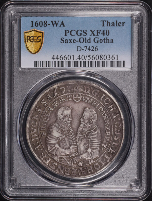 Obverse of this 1608-WA German States Saxe-Old Gotha Silver Thaler D-7426 KM-5 PCGS XF-40
