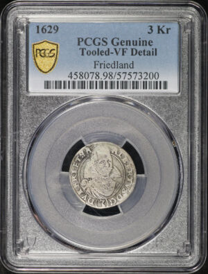 Obverse of this 1629 Duchy of Friedland Silver 3 Kreuzer Albrecht von Wallenstein KM#50 PCGS VF Details Tooled