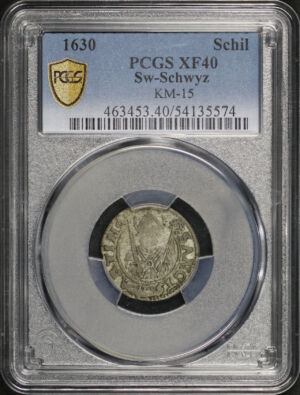 Obverse of this 1630 England Schilling KM-15 PCGS XF-40