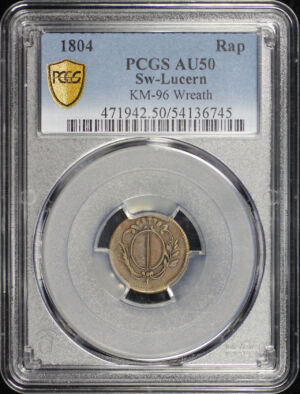 Obverse of this 1804 Lucern, Switzerland KM-96 Wreath Rap PCGS AU-50 BN
