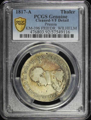 Obverse of this 1817-A German States Prussia Silver 1 Thaler (Kammerherrentaler) KM-396 FRIEDR. WILHELM PCGS VF Details Cleaned