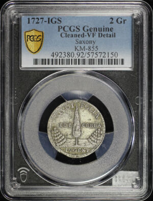 Obverse of this 1727-IGS German States Saxony Silver 2 Groschen Frederick August I Death KM-855 PCGS VF Details Cleaned