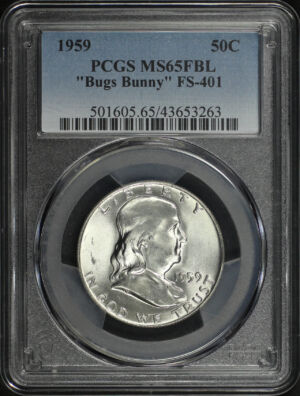 Obverse of this 1959 Franklin Half Dollar “Bugs Bunny” FS-401 FBL PCGS MS-65