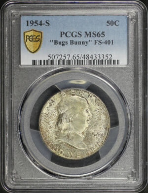 Obverse of this 1954-S Franklin Half Dollar “Bugs Bunny” FS-401 PCGS MS-65